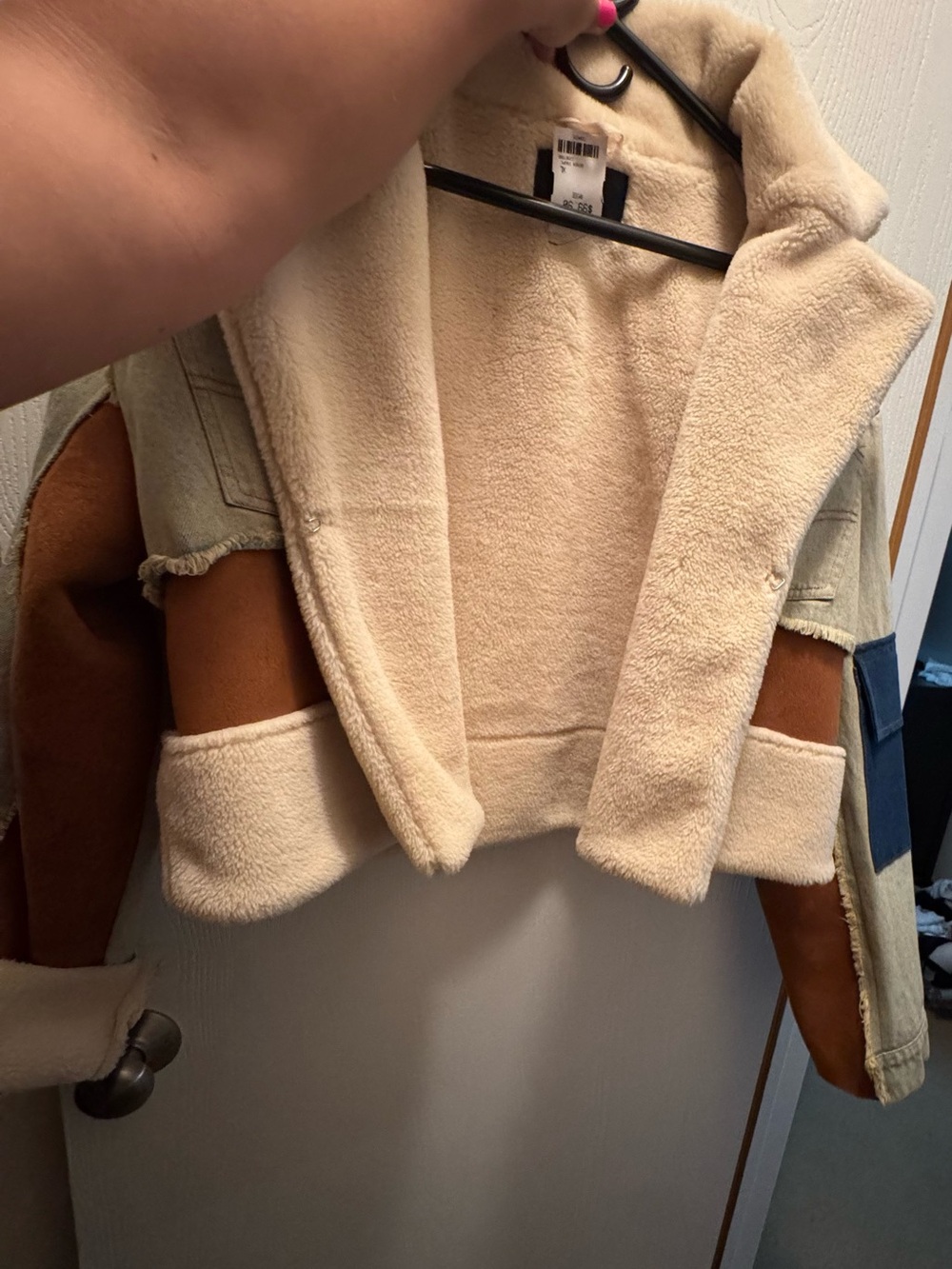 AKIRA Colorblock Teddy Jacket in Cream, Tan & Light Blue